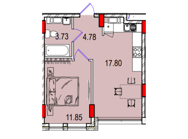 ЖК Derby Style House: планировка 1-комнатной квартиры 38.68 м²