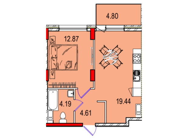 ЖК Derby Style House: планування 1-кімнатної квартири 43.51 м²