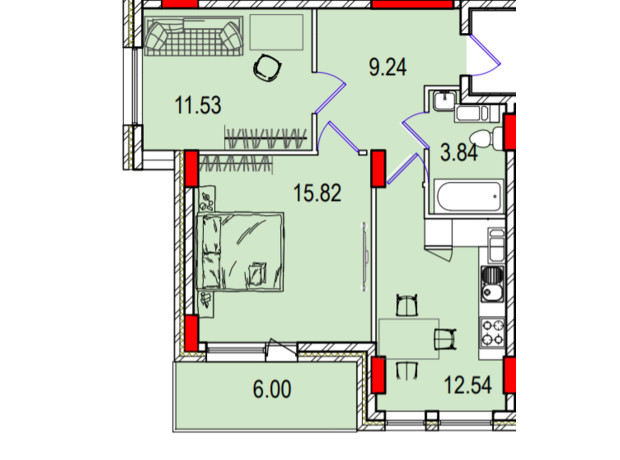 ЖК Derby Style House: планировка 2-комнатной квартиры 56.57 м²