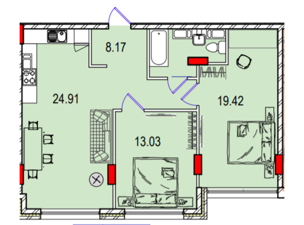 ЖК Derby Style House: планировка 2-комнатной квартиры 42.43 м²