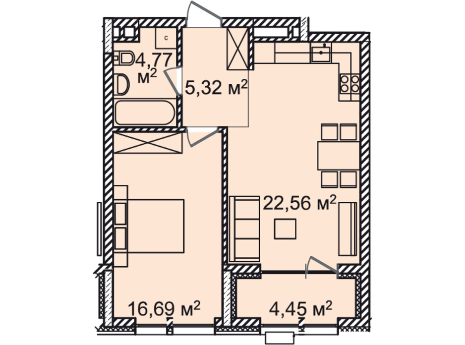 Планировка 1-комнатной квартиры в ЖК Montreal House 54.09 м², фото 226971 Планировка 1-комнатной квартиры в ЖК Montreal House 54.09 м², фото 226971