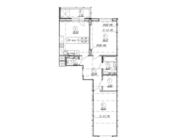 ЖК Wellspring: планування 2-кімнатної квартири 75.54 м²