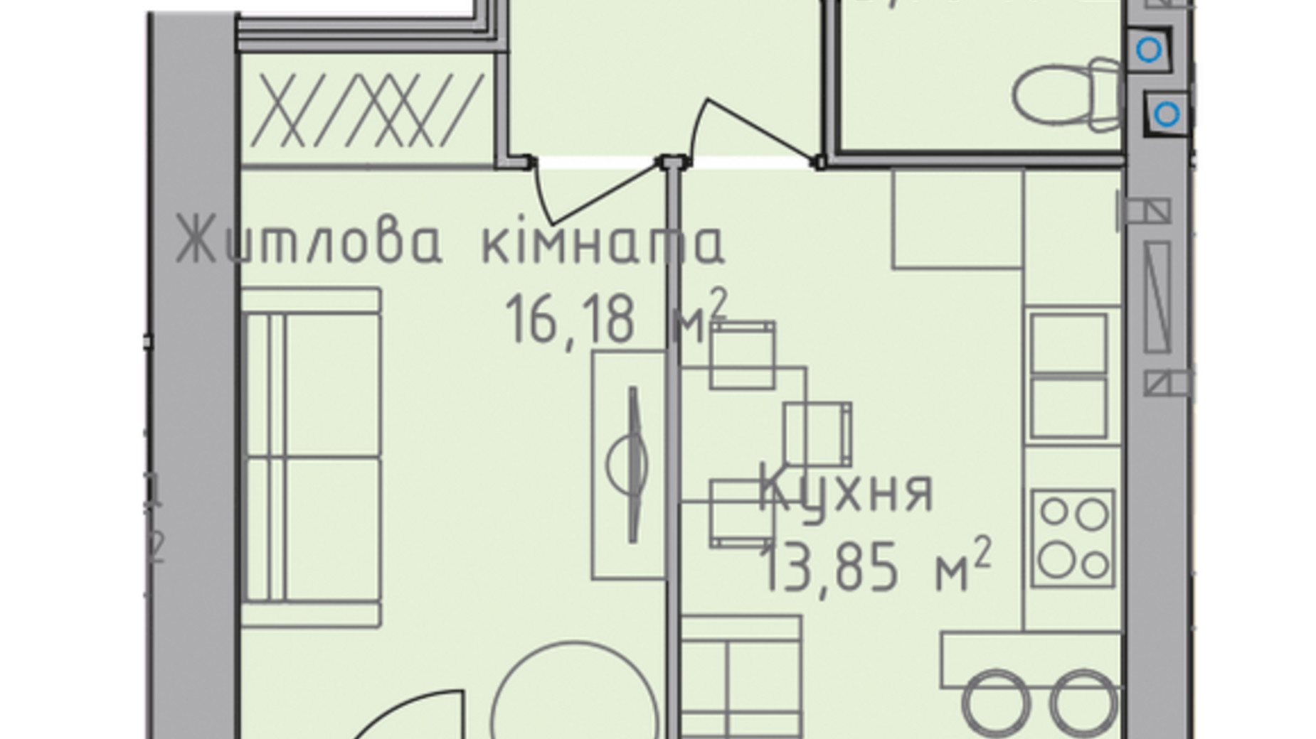 Планировка 1-комнатной квартиры в ЖК Статус 1 38.58 м², фото 227616