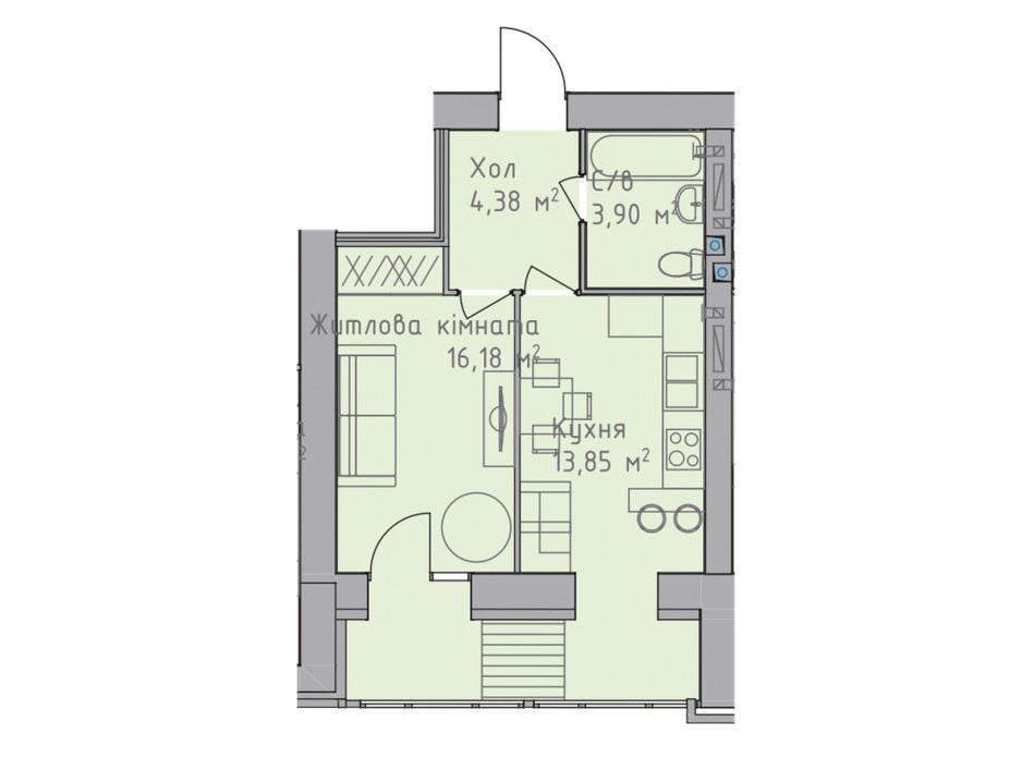 Планування 1-кімнатної квартири в ЖК Статус 1 38.58 м², фото 227616 Планування 1-кімнатної квартири в ЖК Статус 1 38.58 м², фото 227616