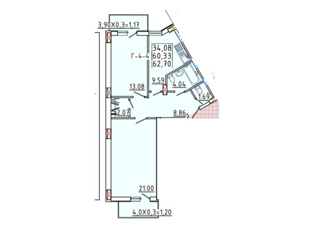 ЖК Континент: планировка 2-комнатной квартиры 62.7 м²