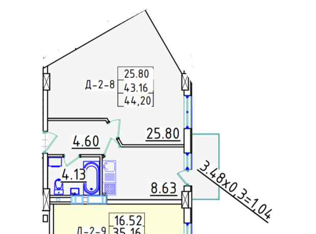 ЖК Континент: планировка 1-комнатной квартиры 44.6 м²