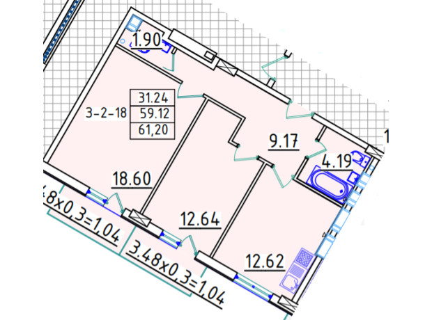 ЖК Континент: планування 2-кімнатної квартири 61.4 м²