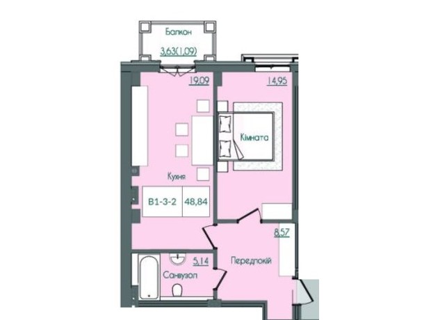 КБ Консул: планування 1-кімнатної квартири 48.84 м²