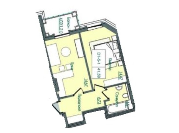 КД Консул: планировка 1-комнатной квартиры 41.59 м²