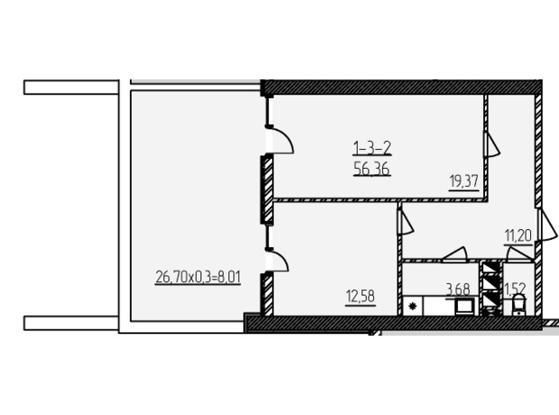 БЦ Kadorr City: планировка помощения 56.36 м²