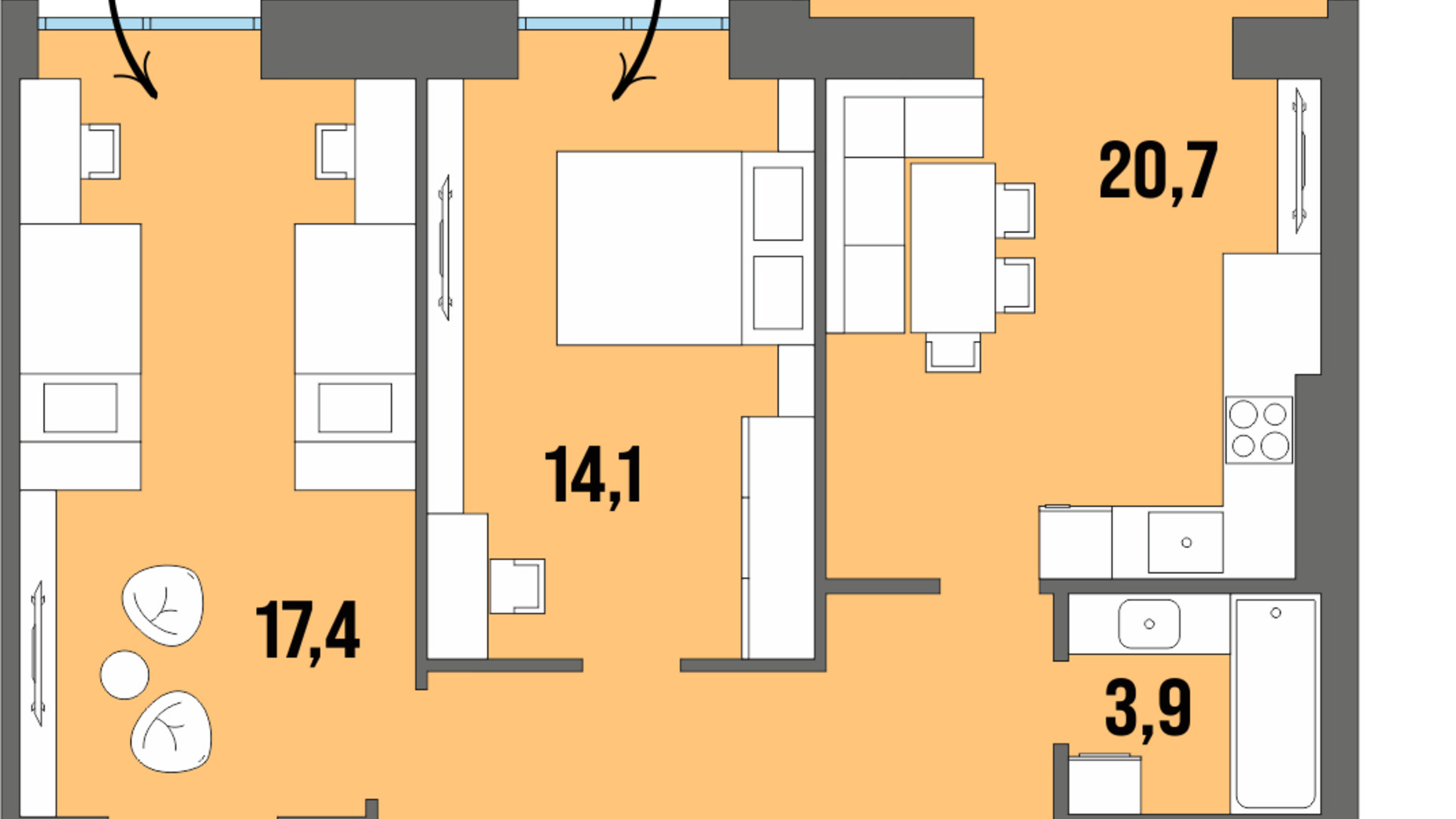 Планировка 2-комнатной квартиры в ЖК Dream Town 69.7 м², фото 228747