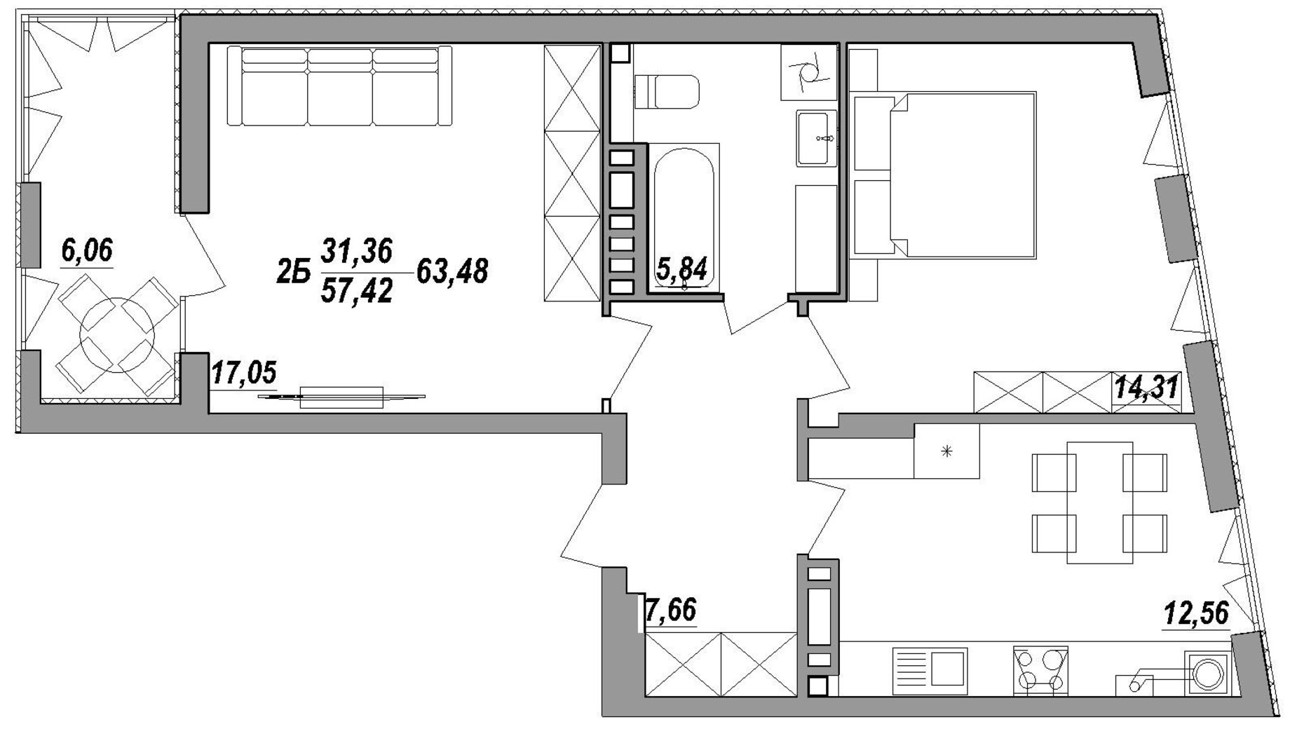 Планировка 2-комнатной квартиры в ЖК Адамант 63.4 м², фото 229050