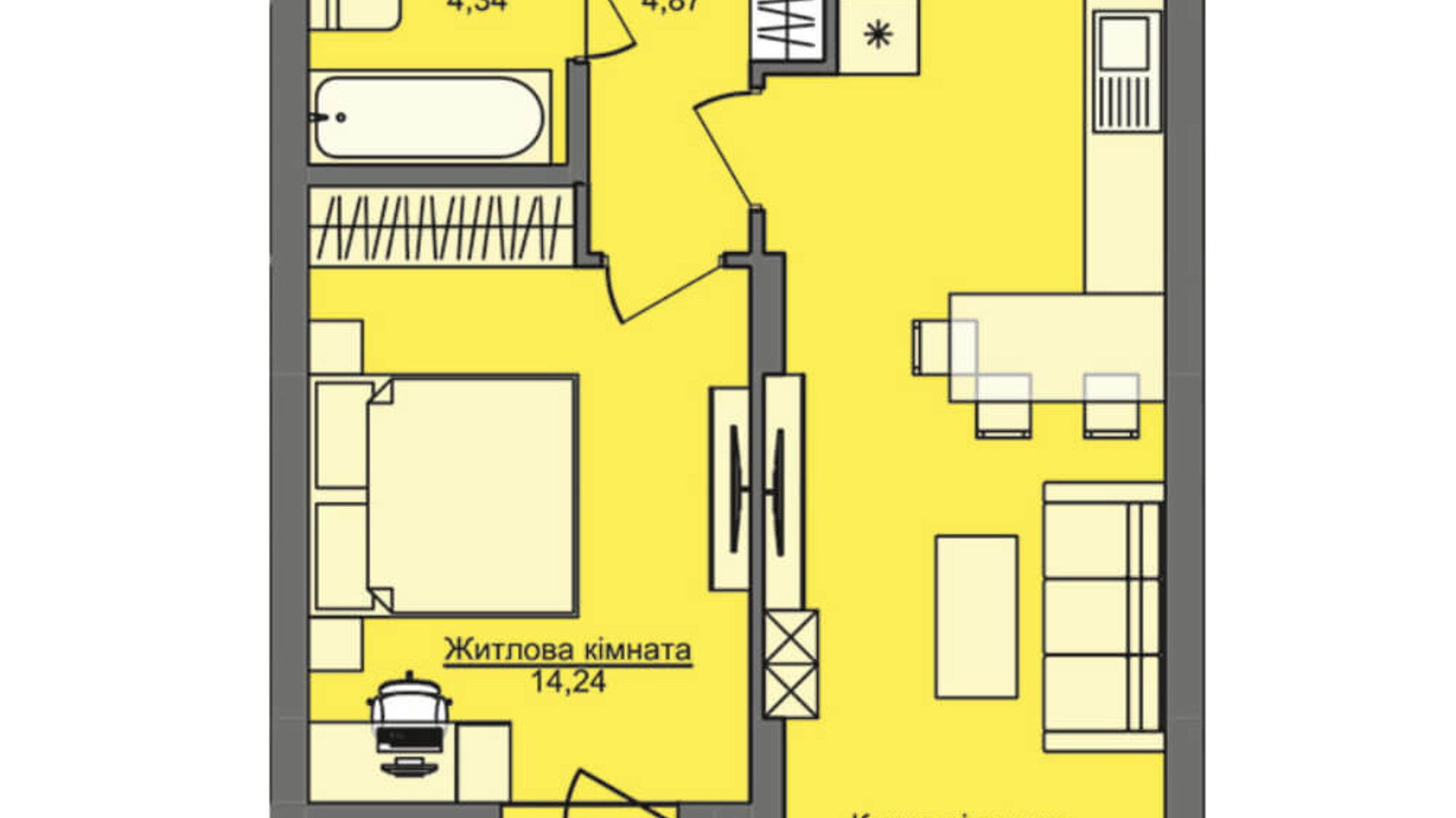 Планування 1-кімнатної квартири в ЖК Семицвіт 49.29 м², фото 229256