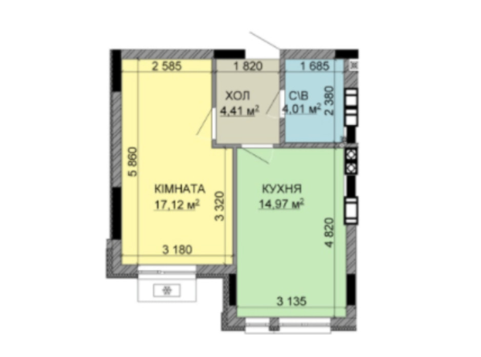 Планировка 1-комнатной квартиры в ЖК Найкращий квартал-2 41.65 м², фото 229462 Планировка 1-комнатной квартиры в ЖК Найкращий квартал-2 41.65 м², фото 229462