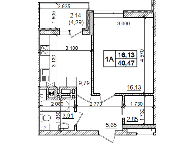 ЖК Оазис Буковини: планування 1-кімнатної квартири 40.47 м²