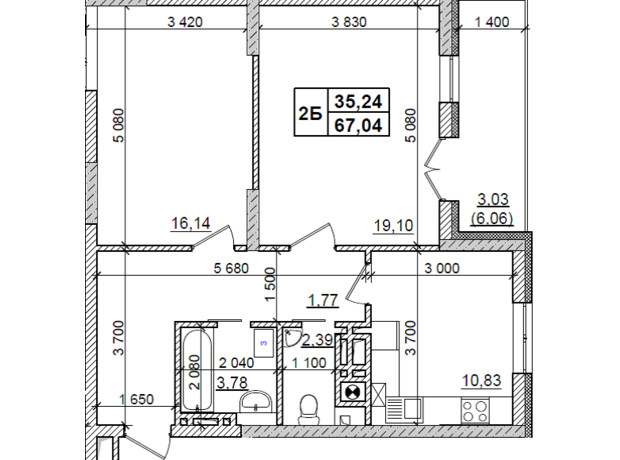 ЖК Оазис Буковини: планування 2-кімнатної квартири 67.04 м²