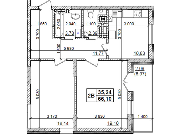ЖК Оазис Буковини: планування 2-кімнатної квартири 66.1 м²