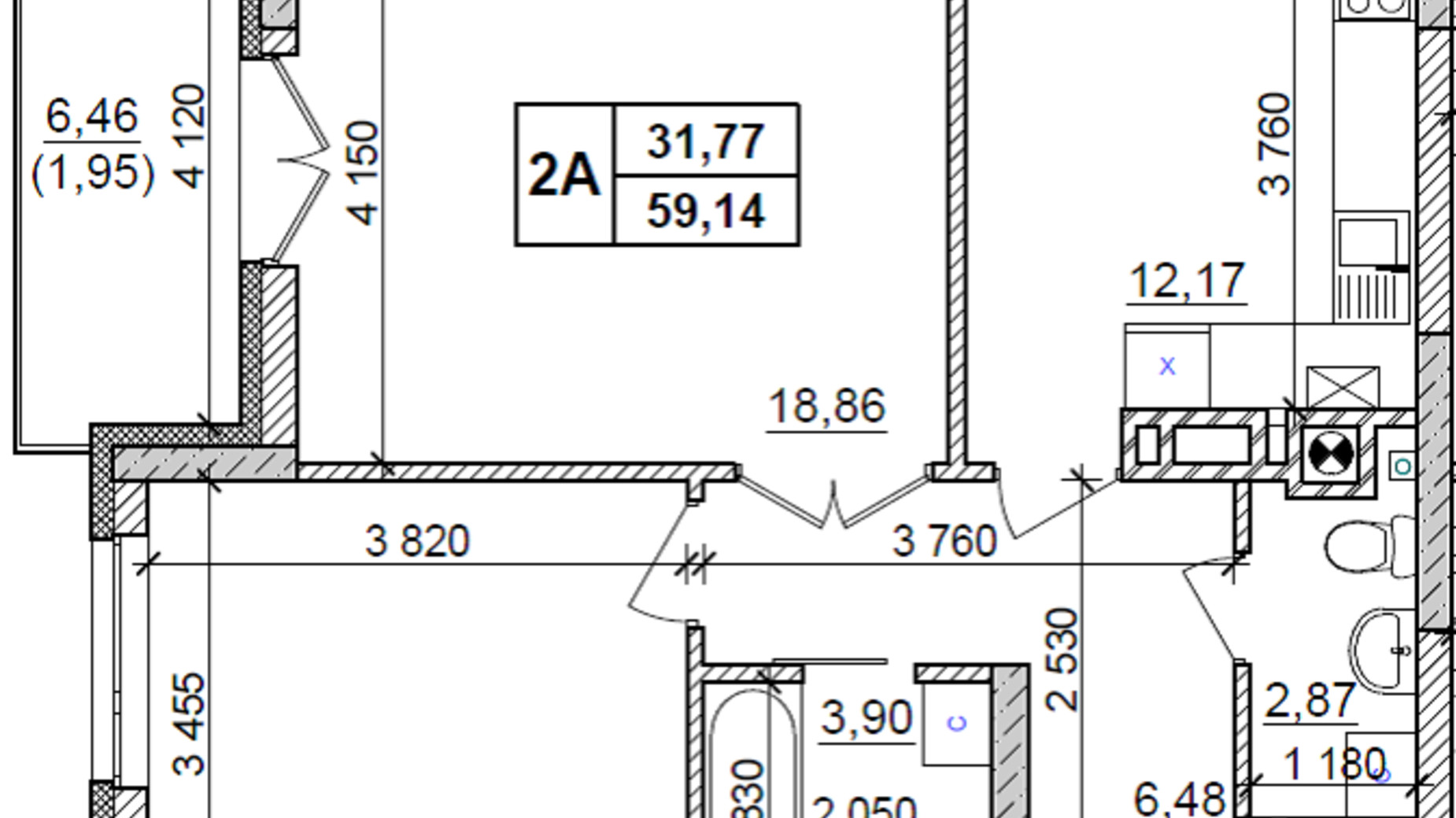 Планування 2-кімнатної квартири в ЖК Оазис Буковини 59.14 м², фото 229511