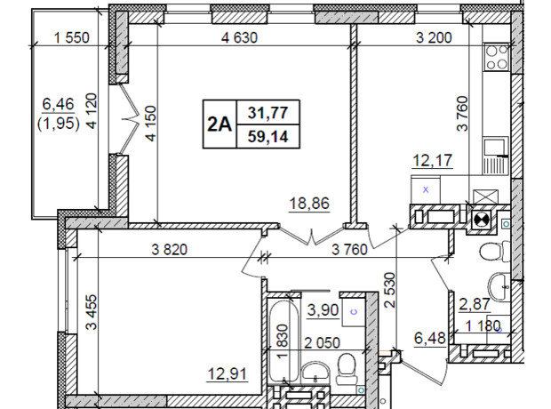 ЖК Оазис Буковины: планировка 2-комнатной квартиры 59.14 м²