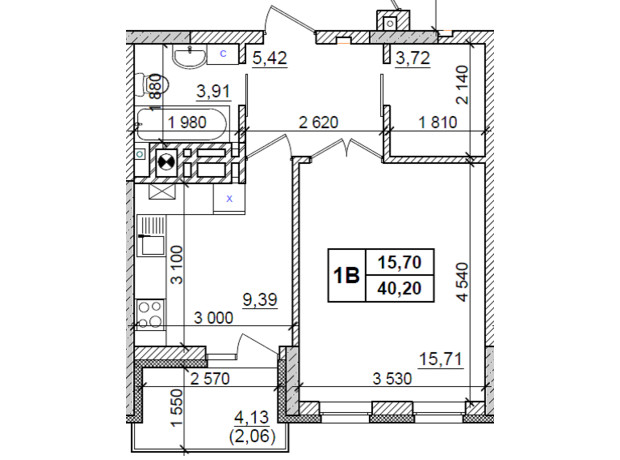 ЖК Оазис Буковины: планировка 1-комнатной квартиры 40.2 м²