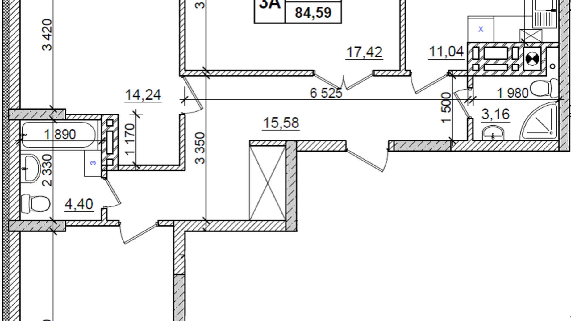 Планировка 3-комнатной квартиры в ЖК Оазис Буковины 84.59 м², фото 229519