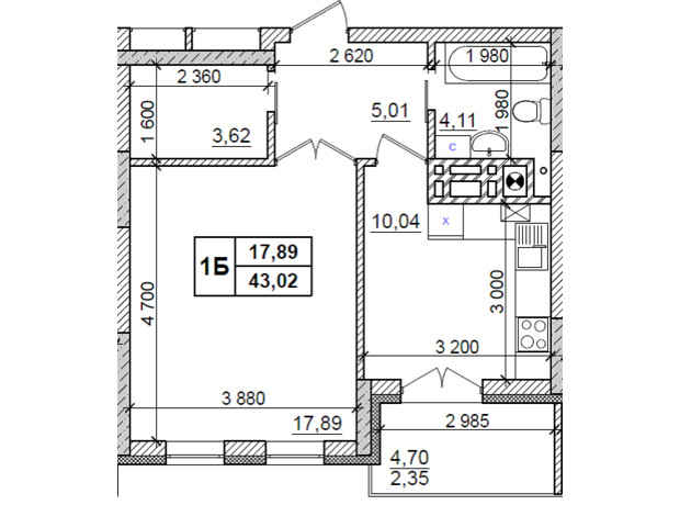 ЖК Оазис Буковини: планування 1-кімнатної квартири 43.02 м²