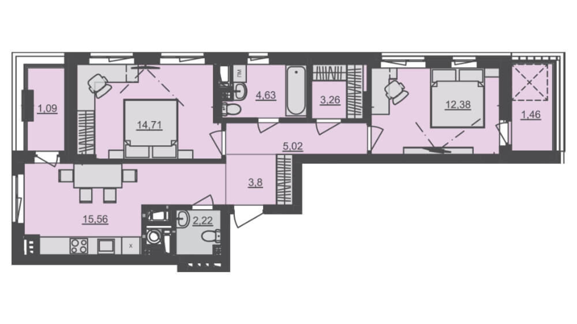 Планировка 2-комнатной квартиры в ЖК Семицвет 68.02 м², фото 229535