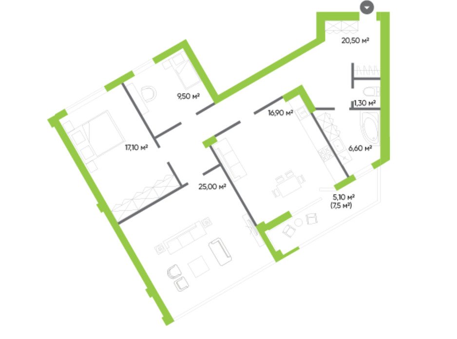 Планировка 3-комнатной квартиры в ЖК Оселя парк 102 м², фото 229552 Планировка 3-комнатной квартиры в ЖК Оселя парк 102 м², фото 229552
