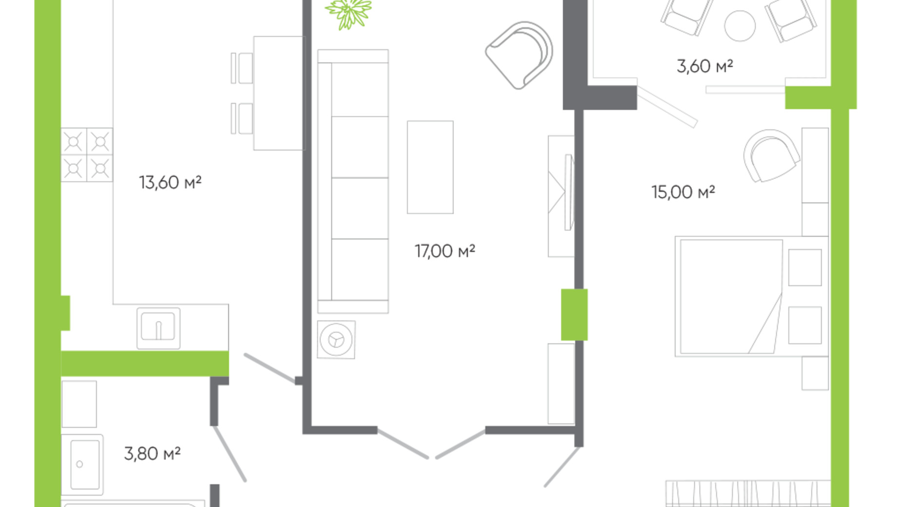 Планування 2-кімнатної квартири в ЖК Оселя парк 75.5 м², фото 229554