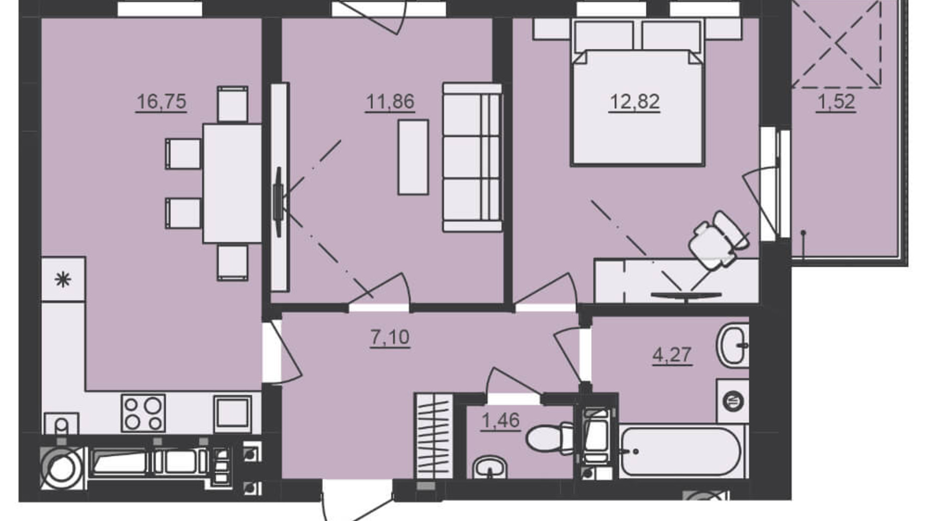 Планування 2-кімнатної квартири в ЖК Семицвіт 55.78 м², фото 229677