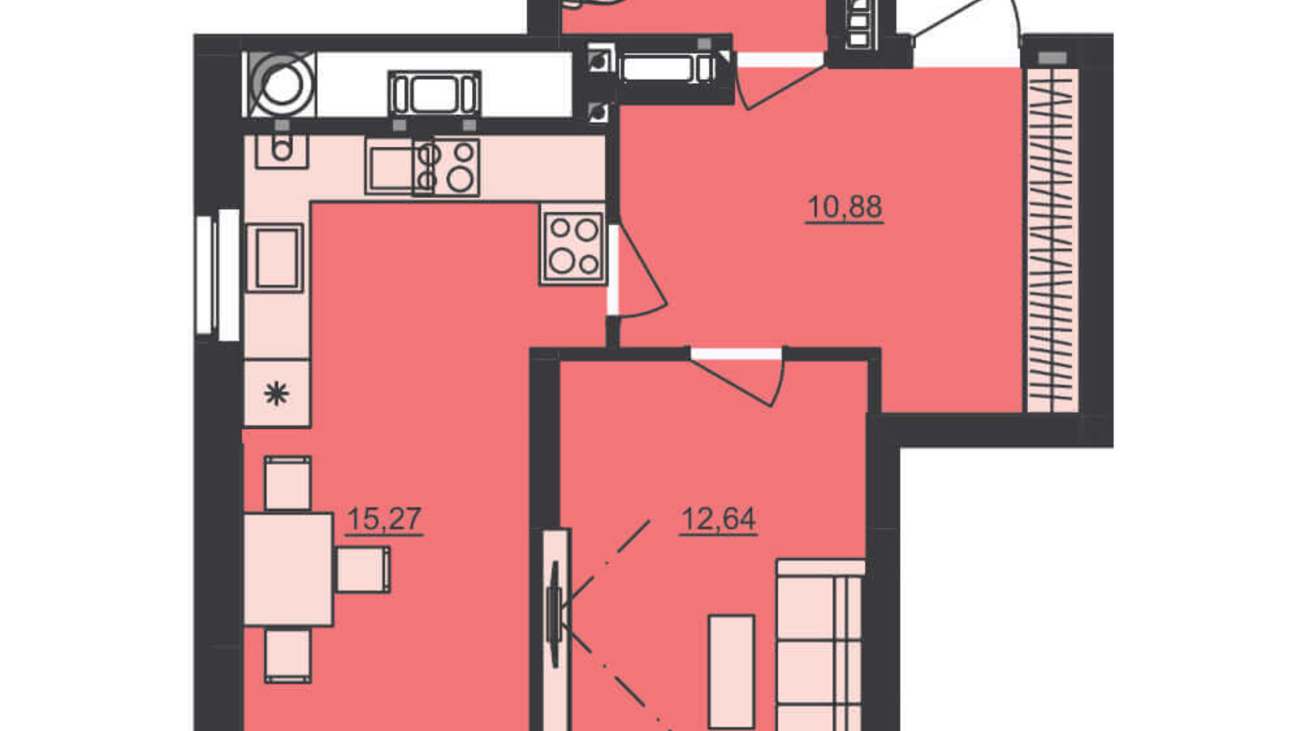 Планування 1-кімнатної квартири в ЖК Семицвіт 45.48 м², фото 229679