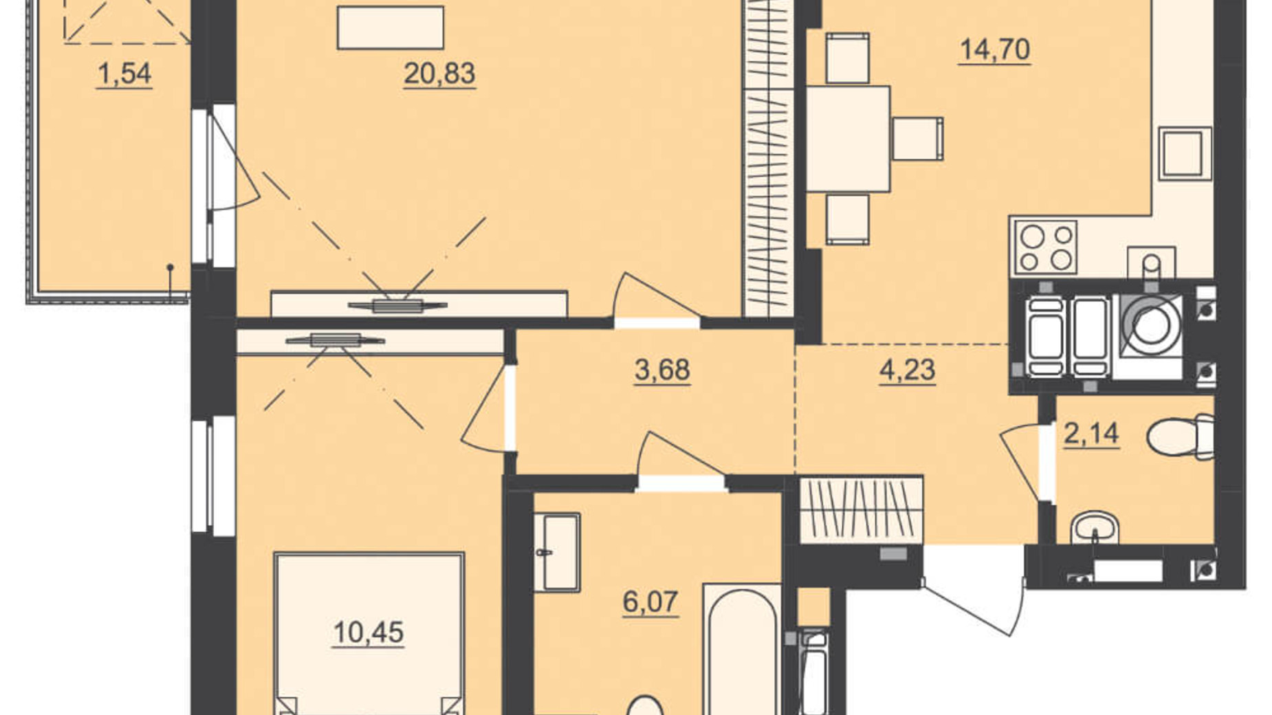 Планировка 2-комнатной квартиры в ЖК Семицвет 63.64 м², фото 229681