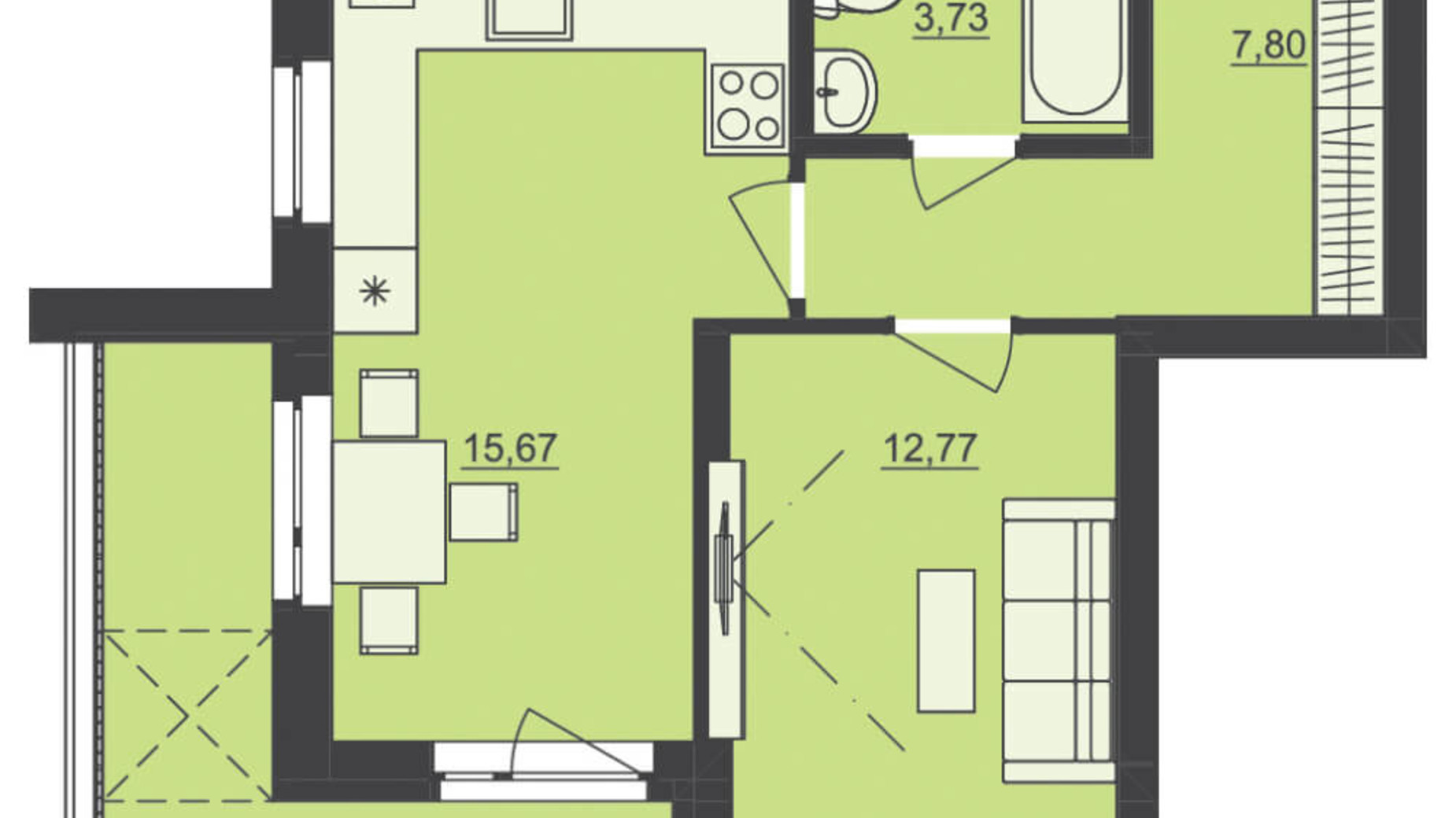 Планування 1-кімнатної квартири в ЖК Семицвіт 44.86 м², фото 229687