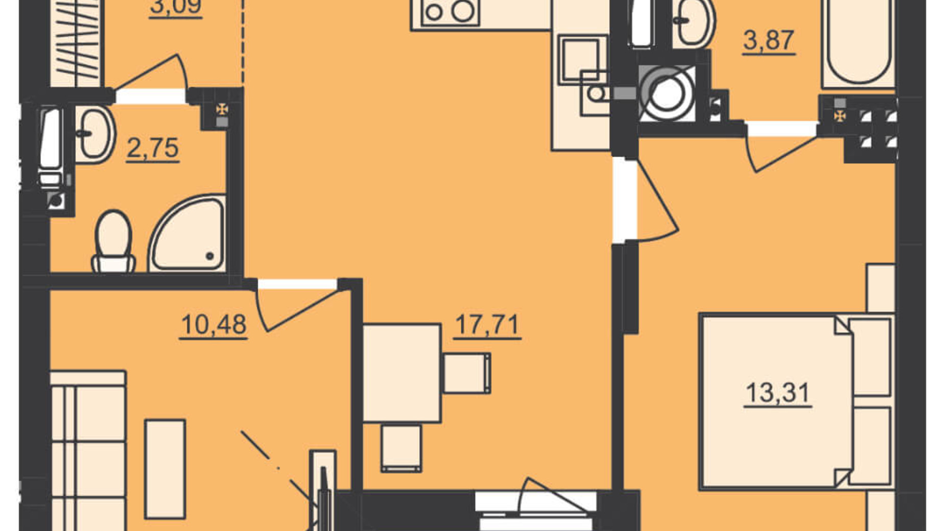 Планування 2-кімнатної квартири в ЖК Семицвіт 52.65 м², фото 229688