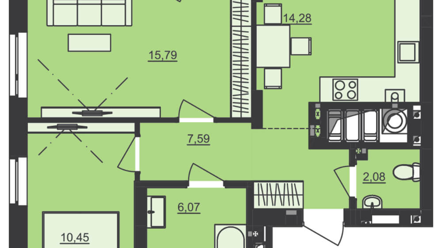 Планировка 2-комнатной квартиры в ЖК Семицвет 58.41 м², фото 229689
