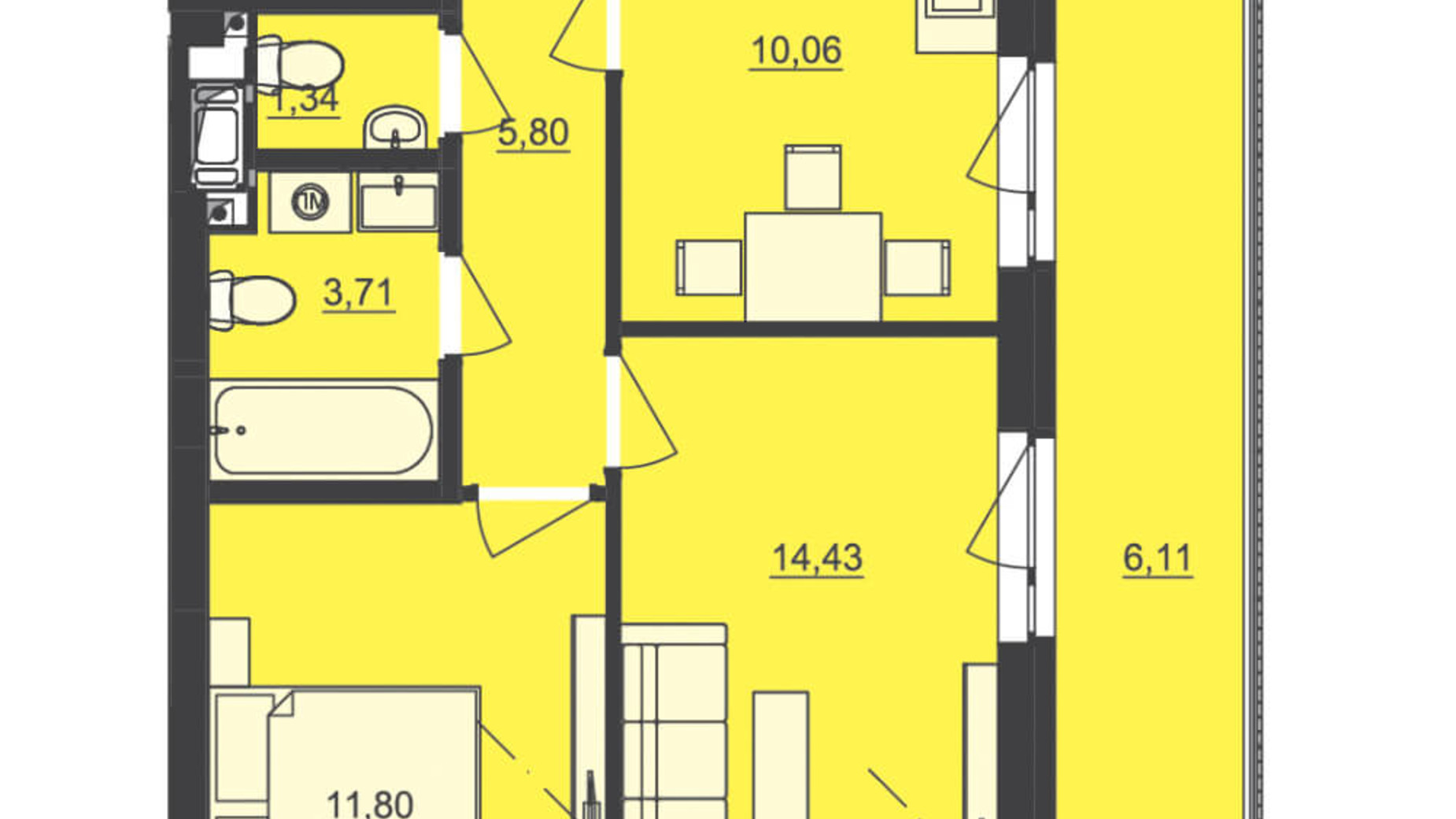 Планування 2-кімнатної квартири в ЖК Семицвіт 54.34 м², фото 229690