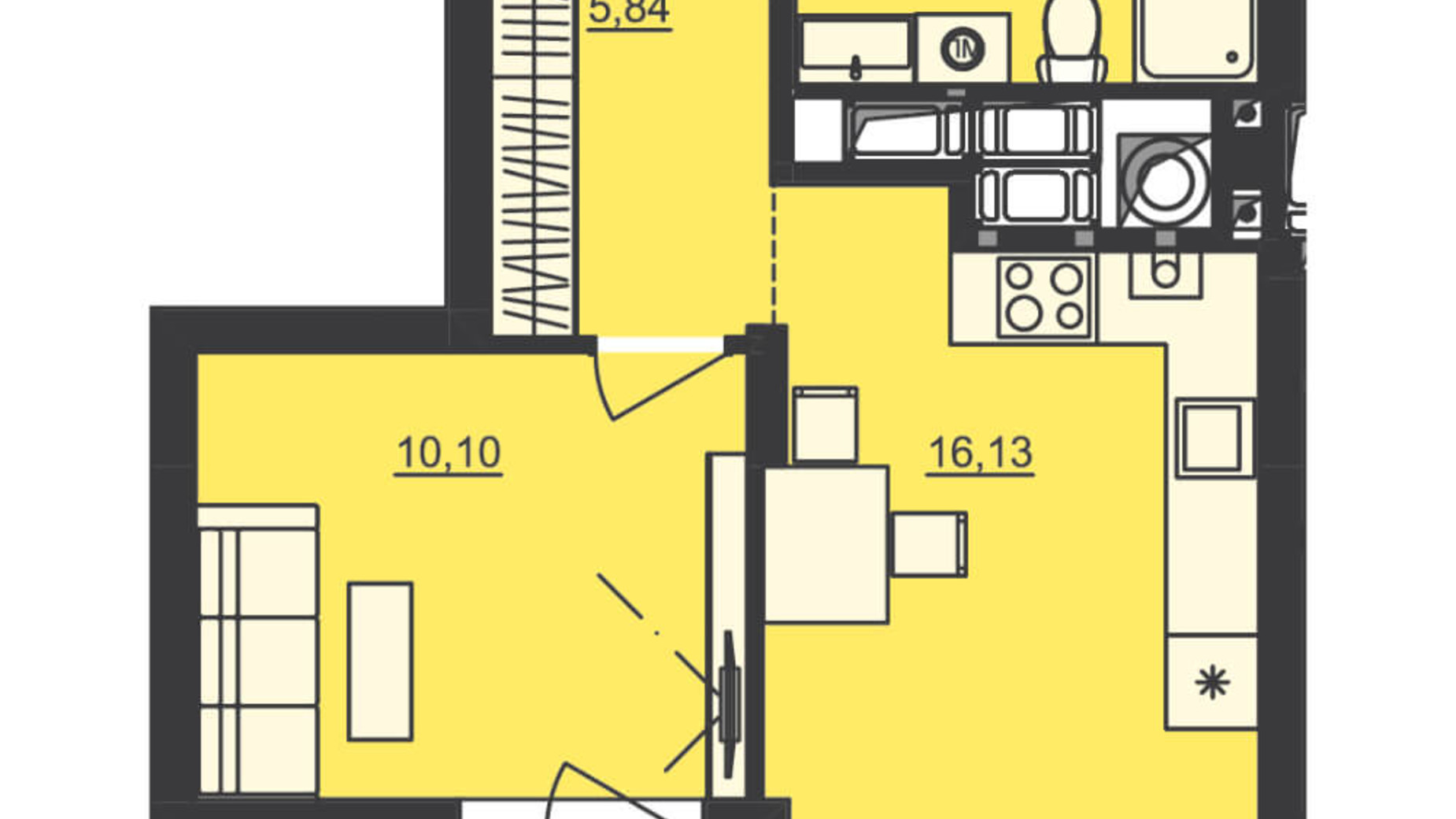 Планування 1-кімнатної квартири в ЖК Семицвіт 39.01 м², фото 229691