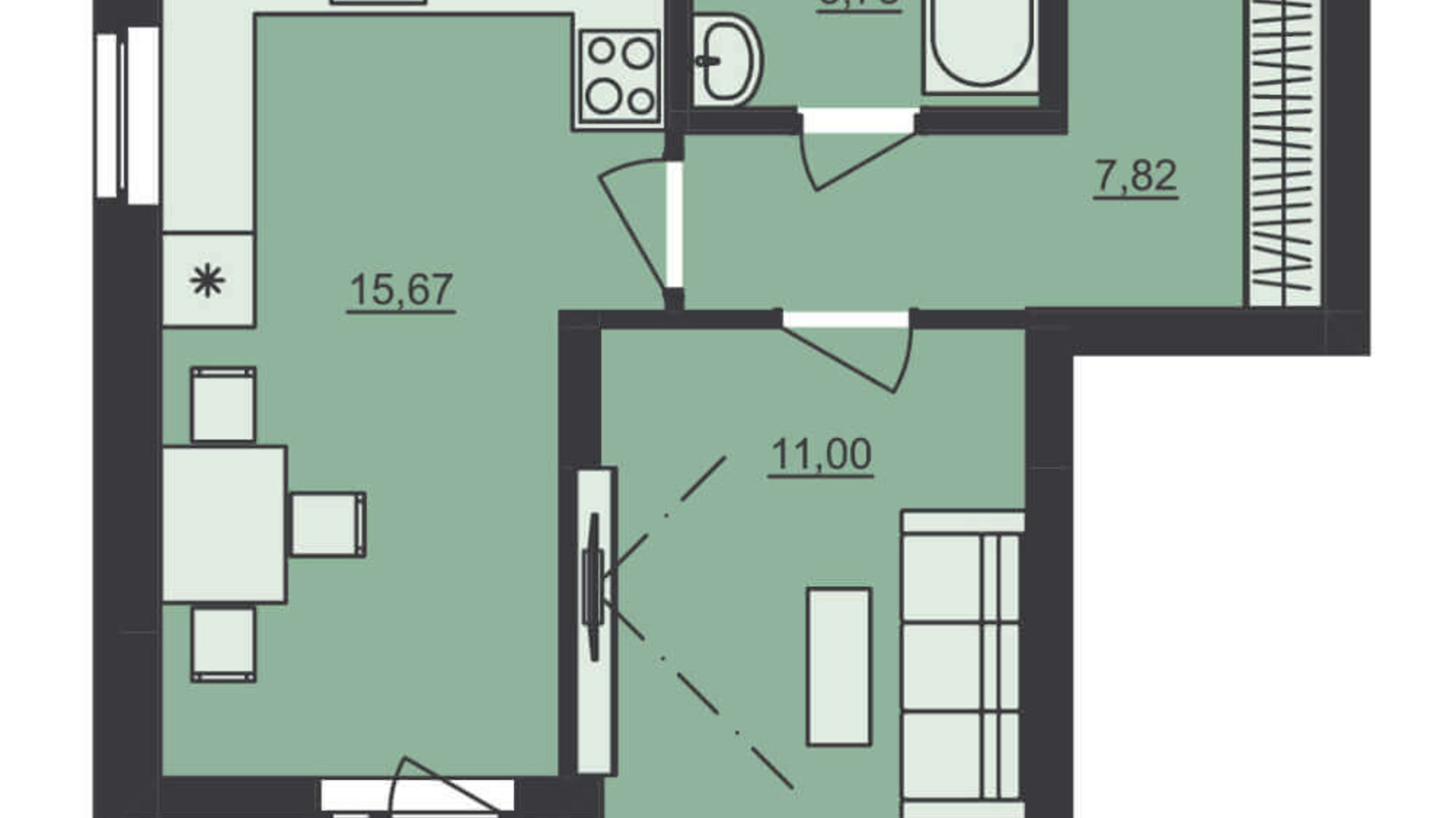 Планування 1-кімнатної квартири в ЖК Семицвіт 39.48 м², фото 229692