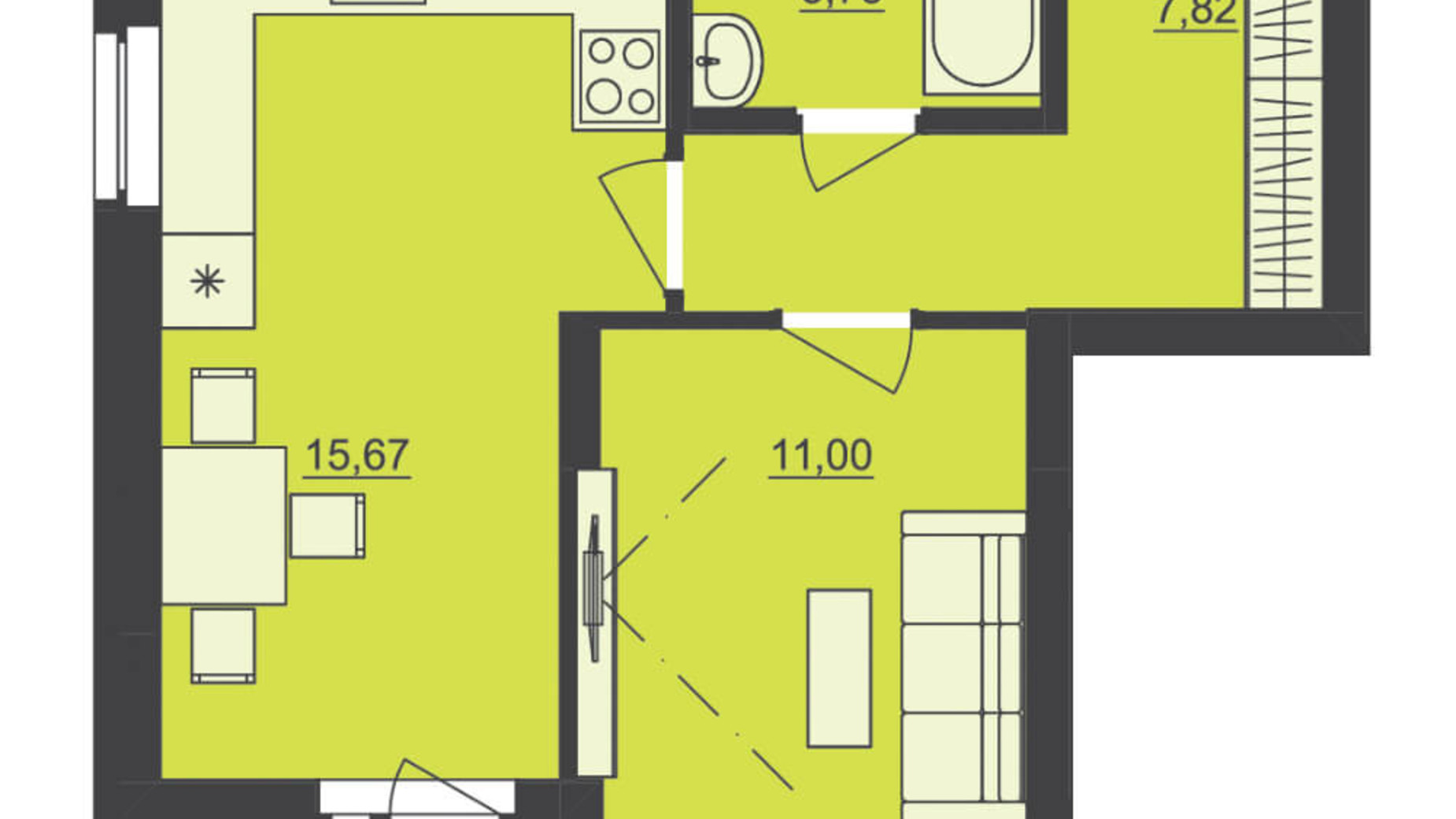 Планування 1-кімнатної квартири в ЖК Семицвіт 39.48 м², фото 229693