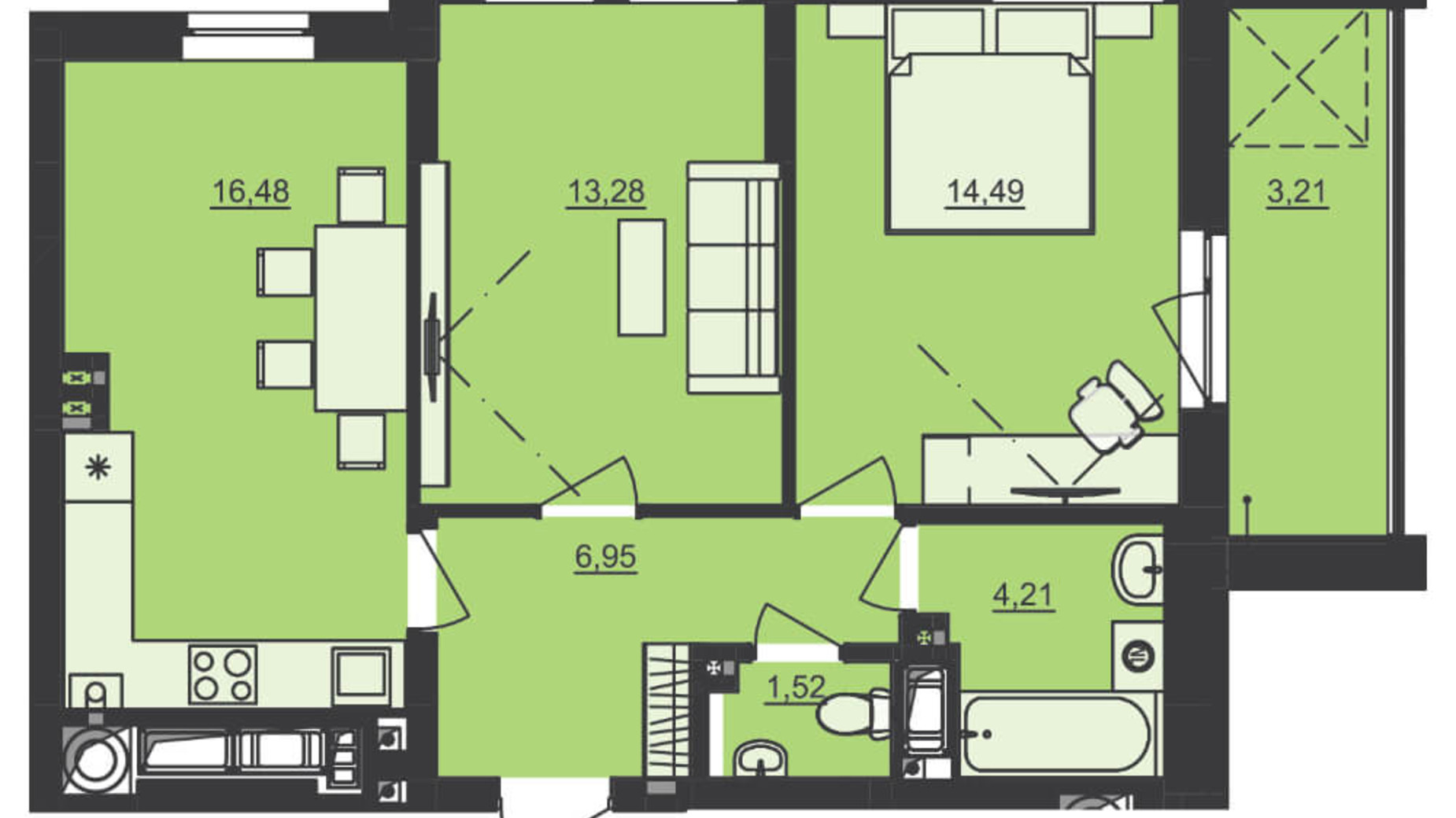 Планування 2-кімнатної квартири в ЖК Семицвіт 60.14 м², фото 229703