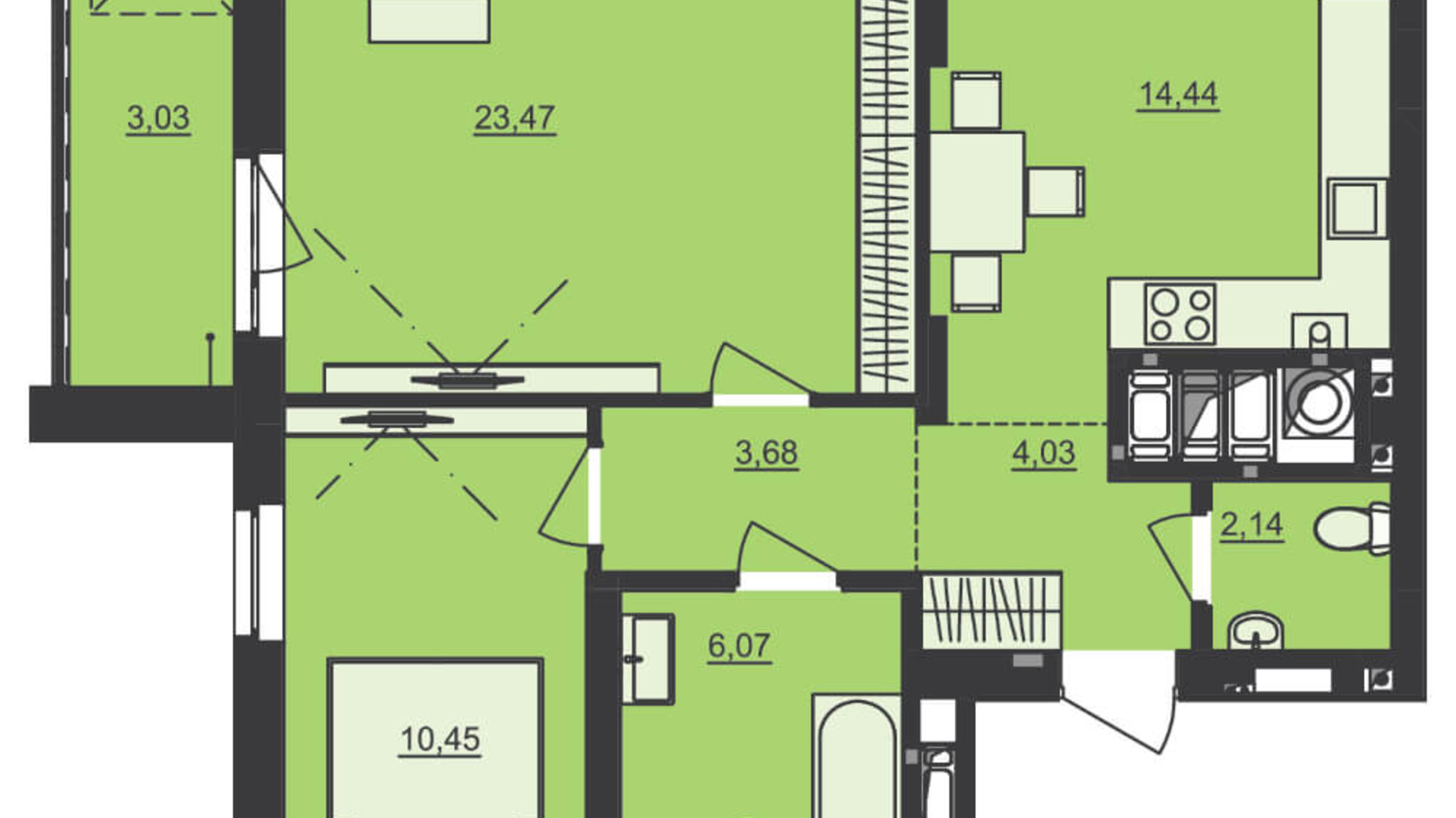 Планировка 2-комнатной квартиры в ЖК Семицвет 67.31 м², фото 229704