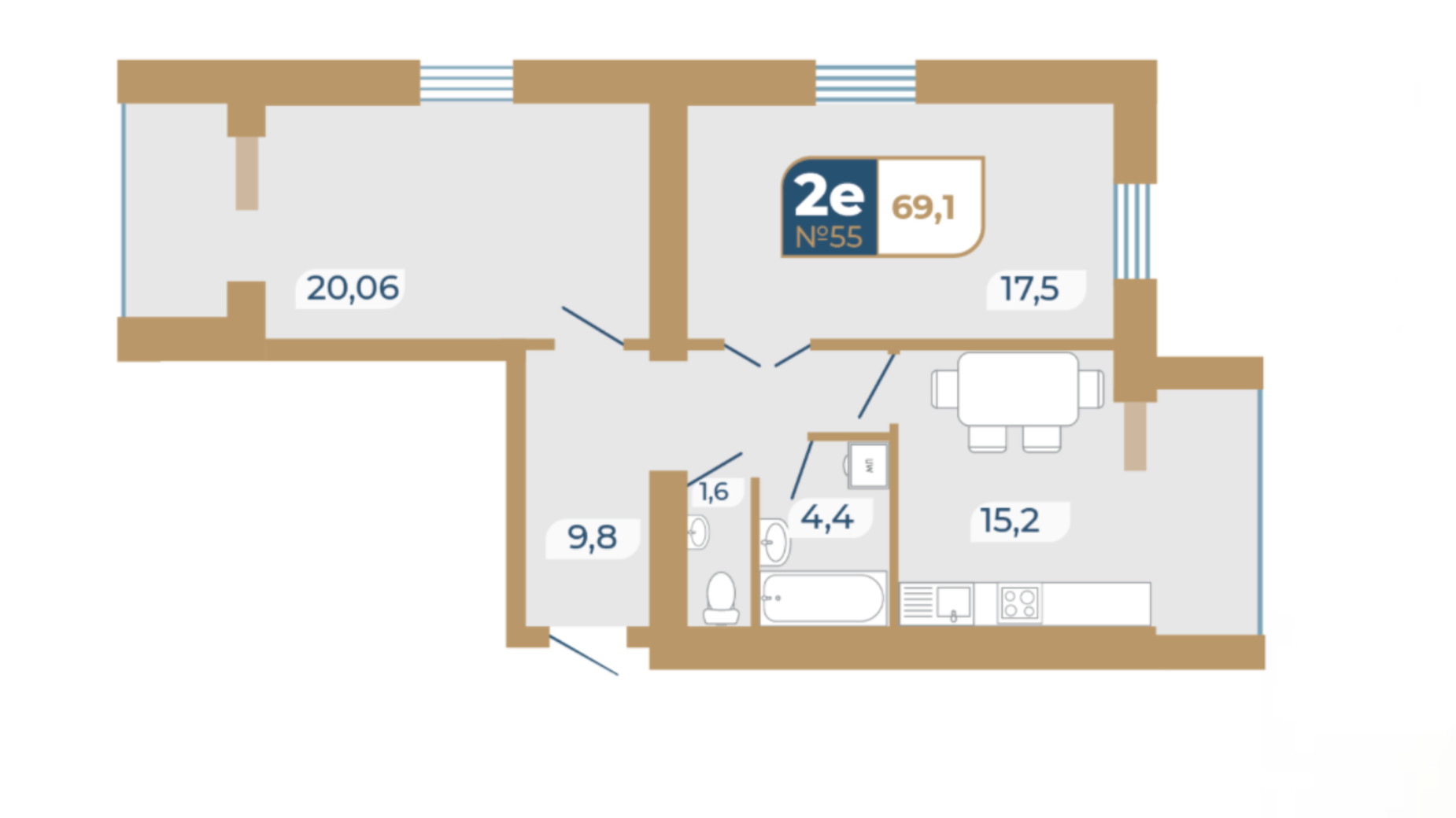 Планування 2-кімнатної квартири в ЖК Добробуд 69.1 м², фото 229990
