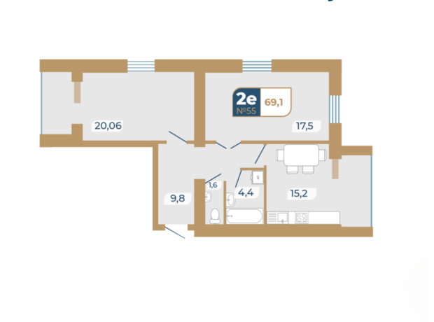 ЖК Добробуд: планировка 2-комнатной квартиры 69.1 м²