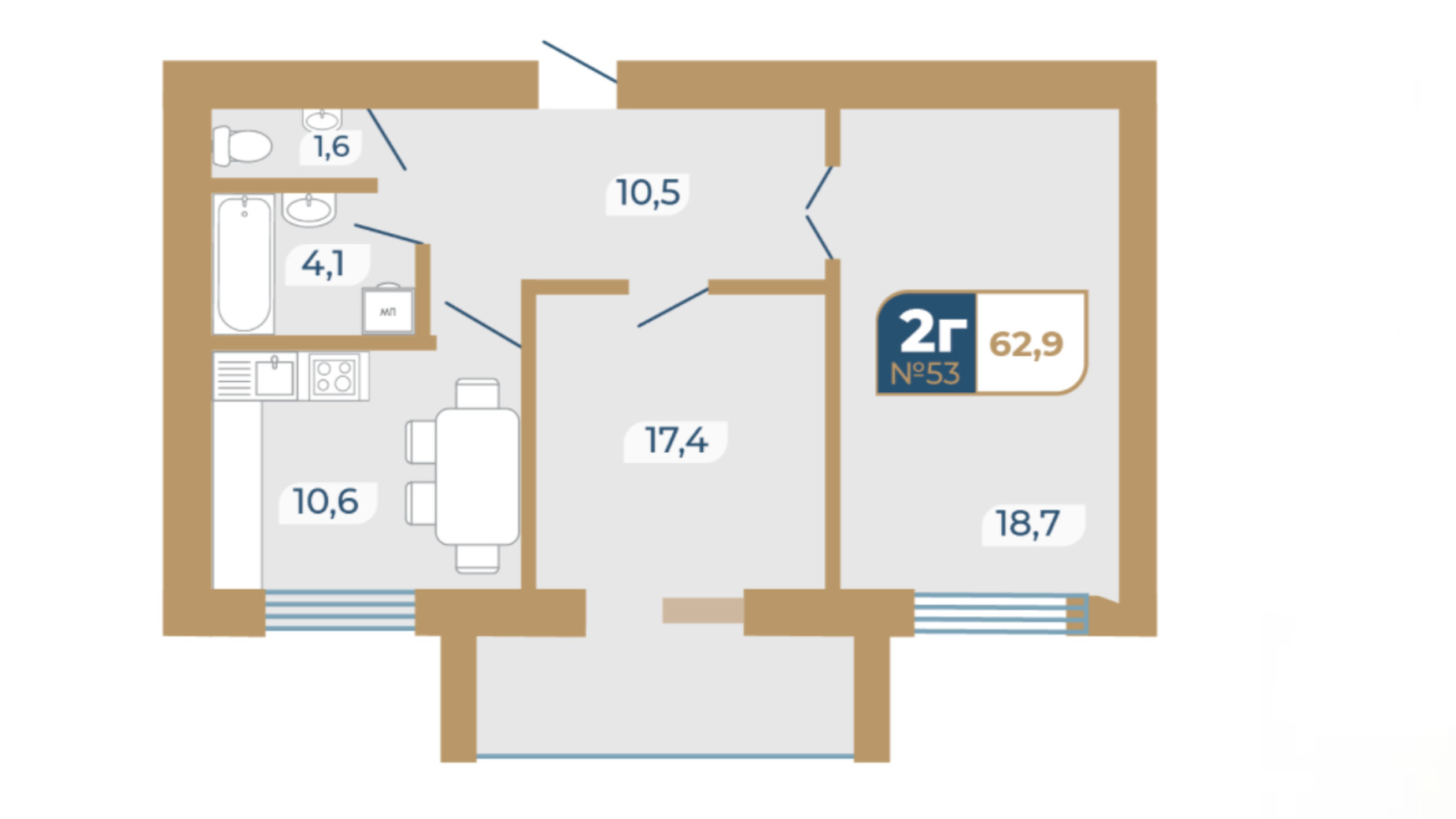 Планировка 2-комнатной квартиры в ЖК Добробуд 62.9 м², фото 229999