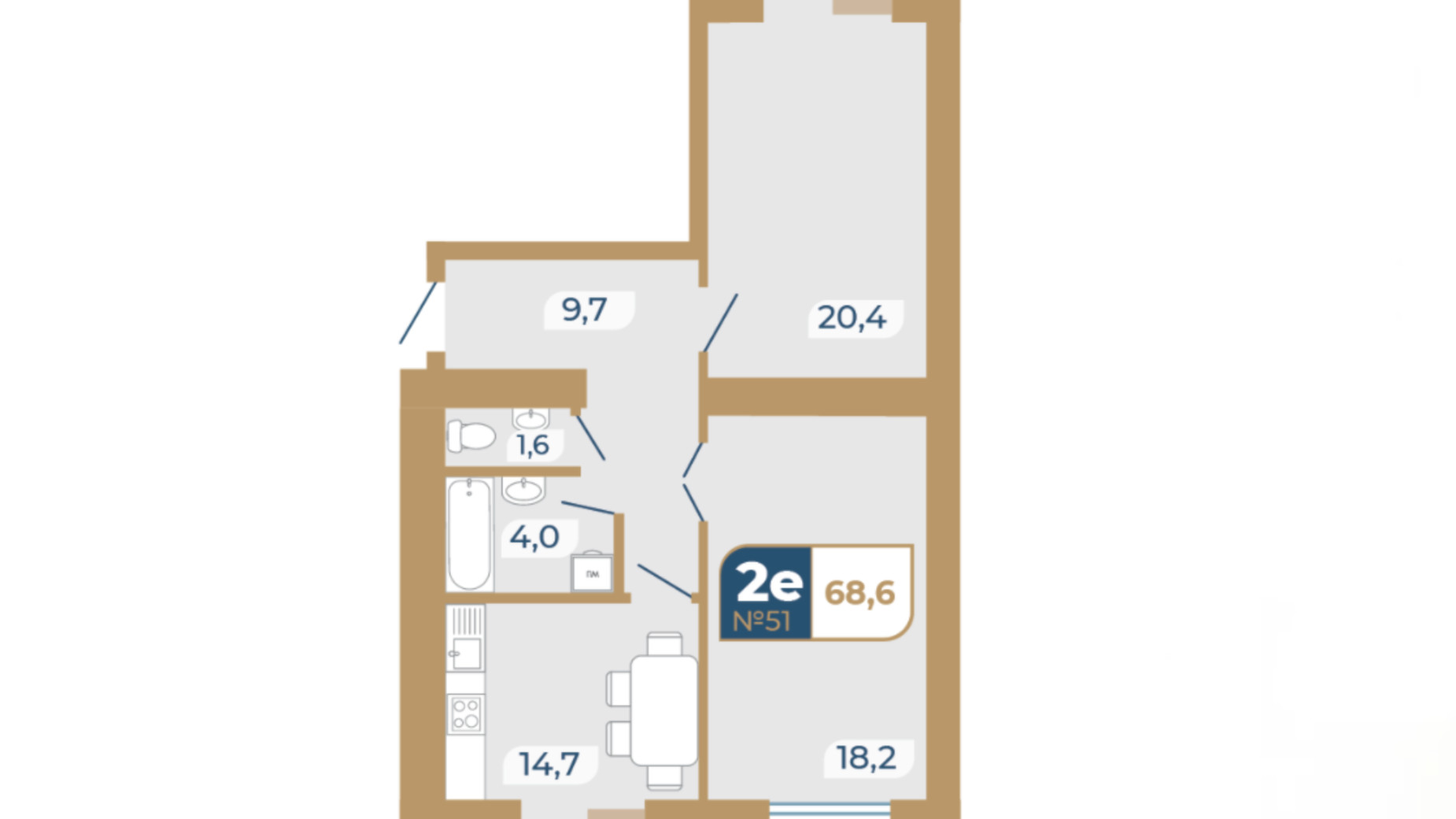 Планировка 2-комнатной квартиры в ЖК Добробуд 68.6 м², фото 230008