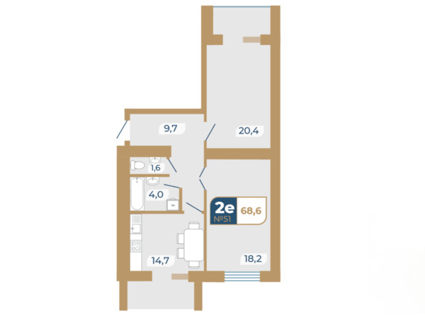 ЖК Добробуд: планування 2-кімнатної квартири 68.6 м²