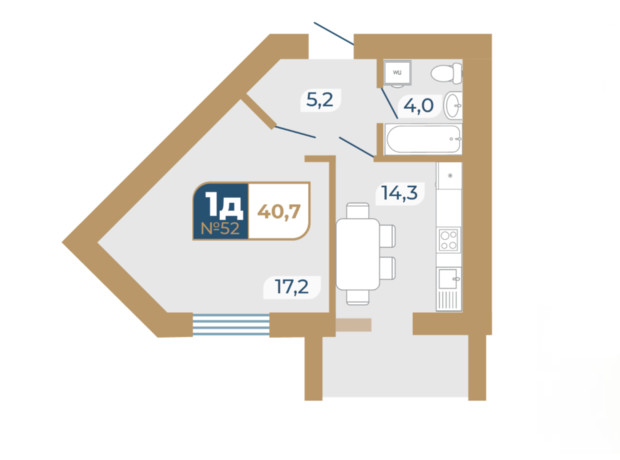 ЖК Добробуд: планування 1-кімнатної квартири 40.7 м²