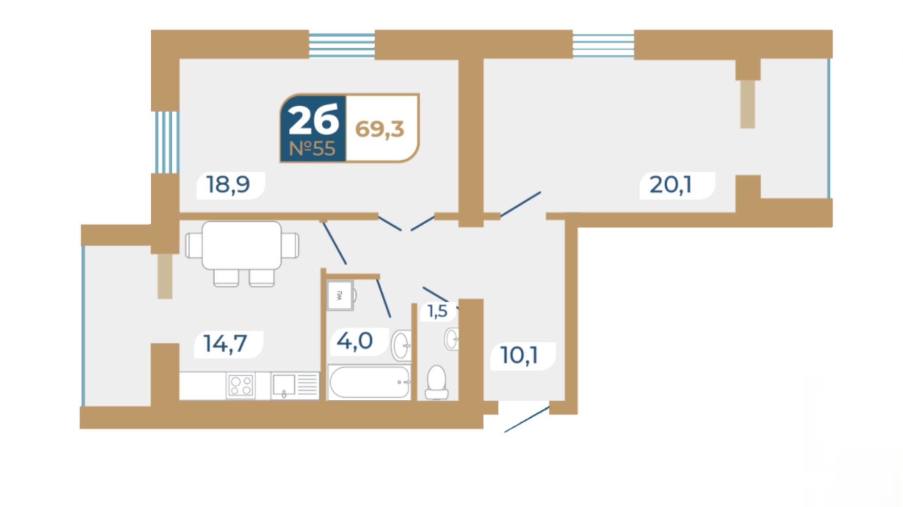 Планировка 2-комнатной квартиры в ЖК Добробуд 69.3 м², фото 230014