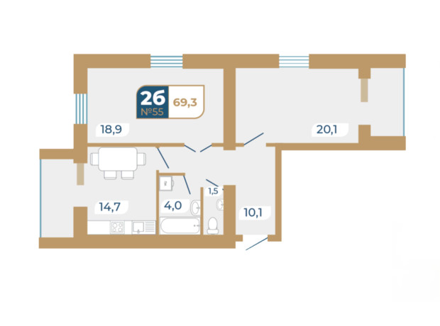 ЖК Добробуд: планировка 2-комнатной квартиры 69.3 м²