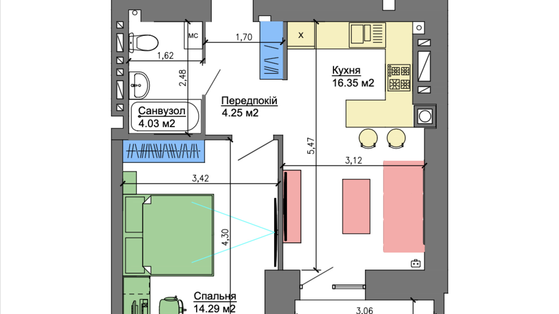 Планировка 1-комнатной квартиры в ЖК Nikostar Comfort+ 41.76 м², фото 230323